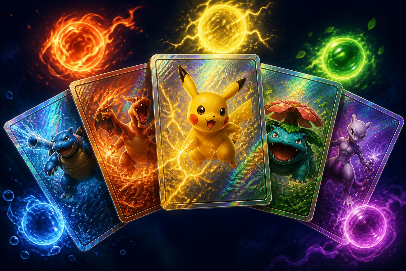 Cartas colecionáveis holográficas cercadas por esferas de energia colorida
